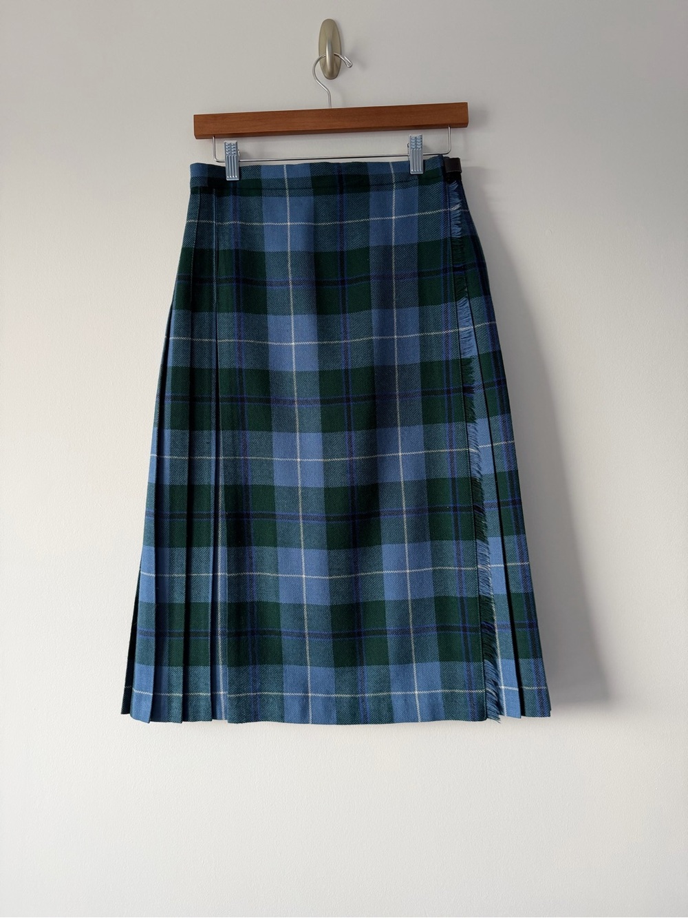 Blue and Green Plaid Wool Midi Skirt